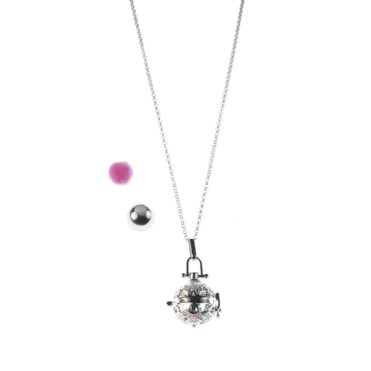 Collana Chiama Angeli con Sfera Sonora e Batuffolo – Placcatura Oro Bianco e Zirconi – CL203A-B