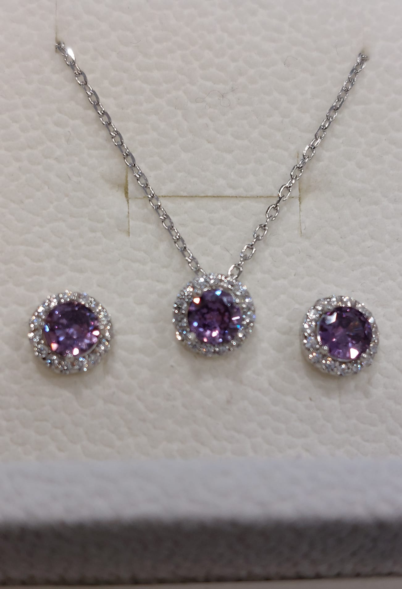 PARURE IN ARGENTO 925 ZIRCONE CENTRALE ROSA CONTORNO ZIRCONI BIANCHI