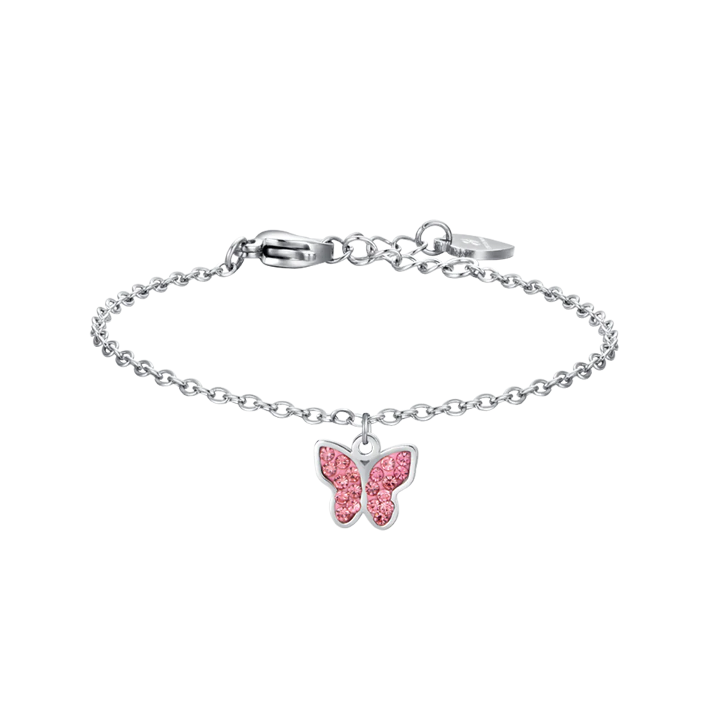 BRACCIALE BAMBINA IN ACCIAIO CON FARFALLA E CRISTALLI ROSA