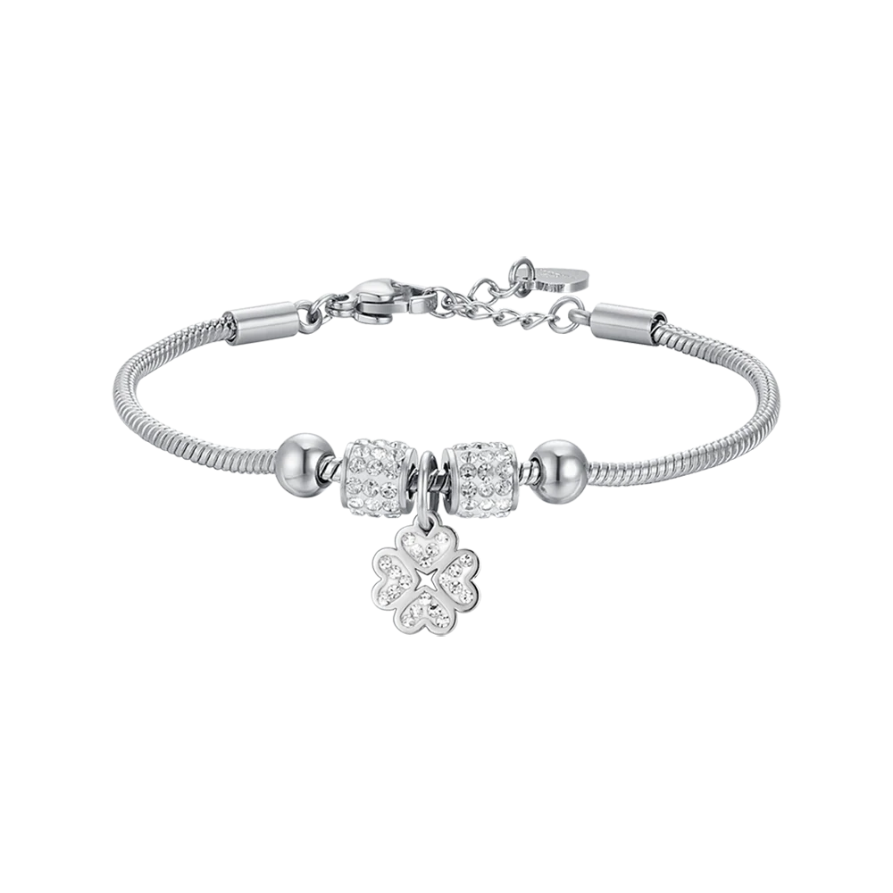 BRACCIALE BAMBINA IN ACCIAIO CON QUADRIFOGLIO CON CRISTALLI BIANCHI