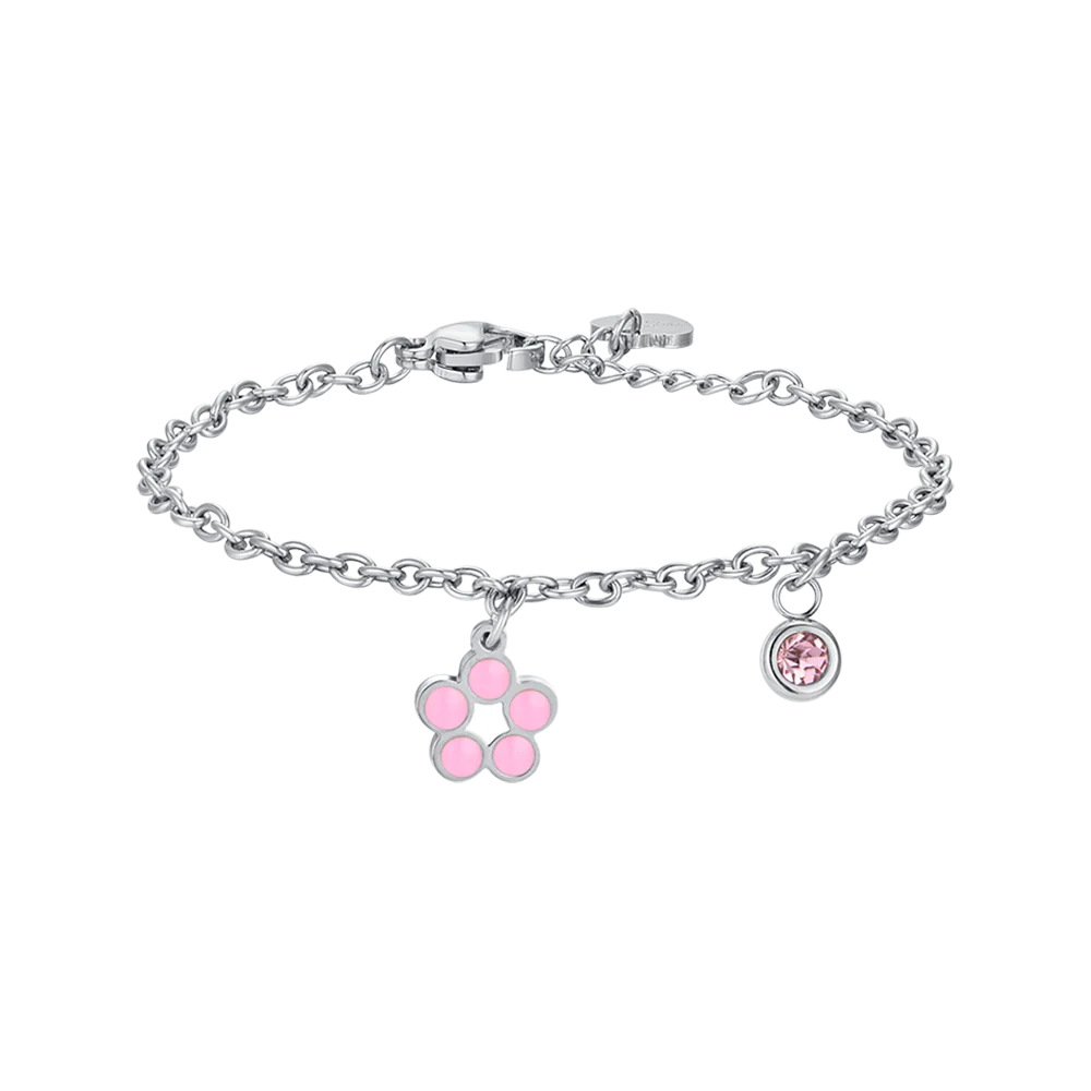 BRACCIALE BAMBINA IN ACCIAIO CON FIORE CON SMALTO ROSA E BIANCO E CRISTALLO