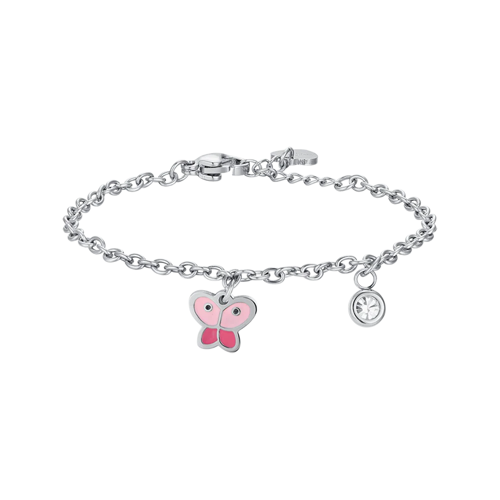 BRACCIALE BAMBINA IN ACCIAIO CON FARFALLA CON SMALTO ROSA E CRISTALLO BIANCO