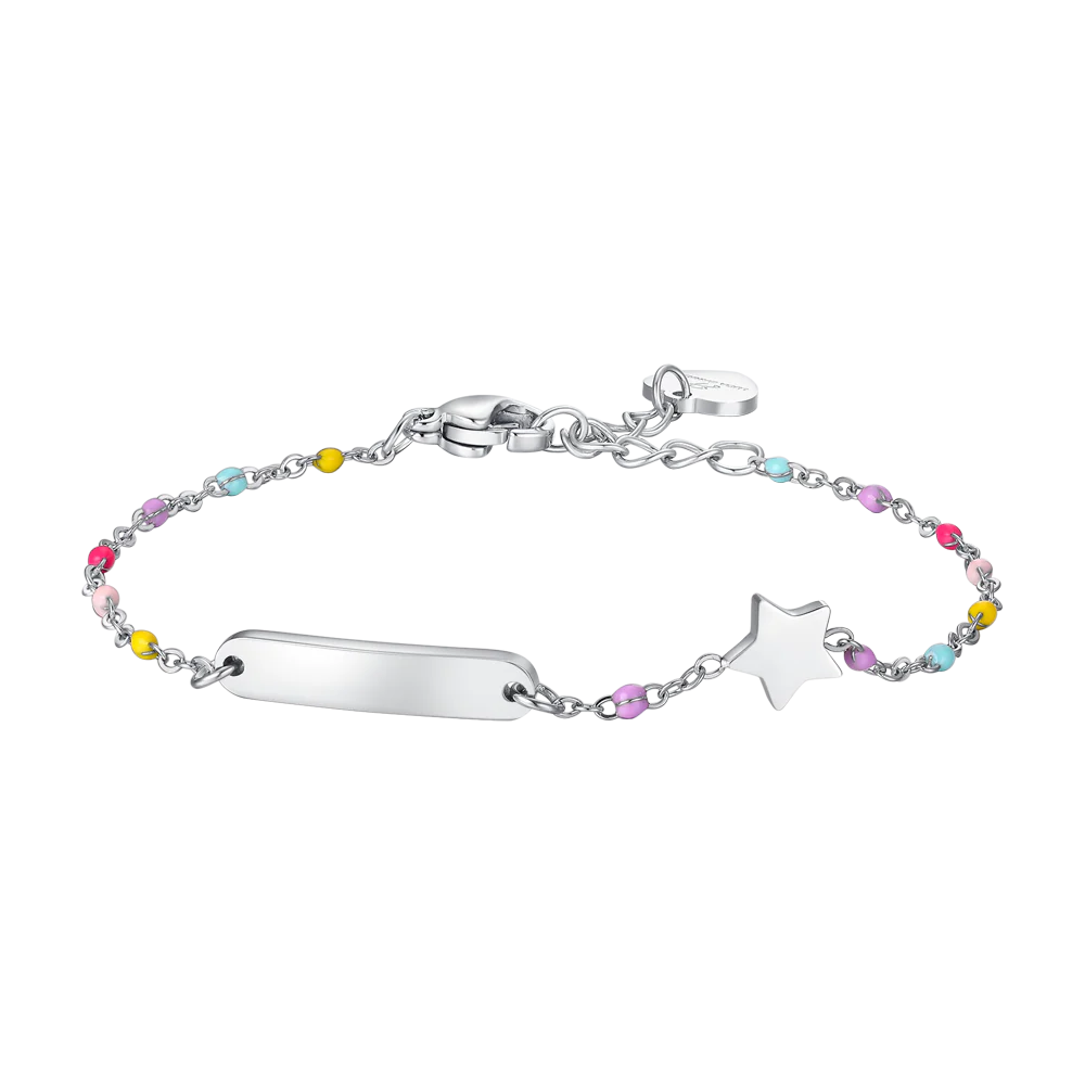 BRACCIALE BAMBINA IN ACCIAIO CON PIASTRA, STELLA ED ELEMENTI MULTICOLOR
