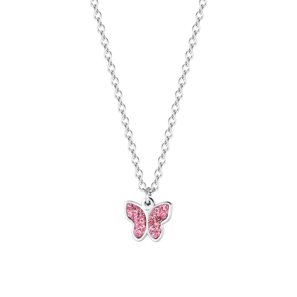 COLLANA BAMBINA IN ACCIAIO CON FARFALLA E CRISTALLI ROSA