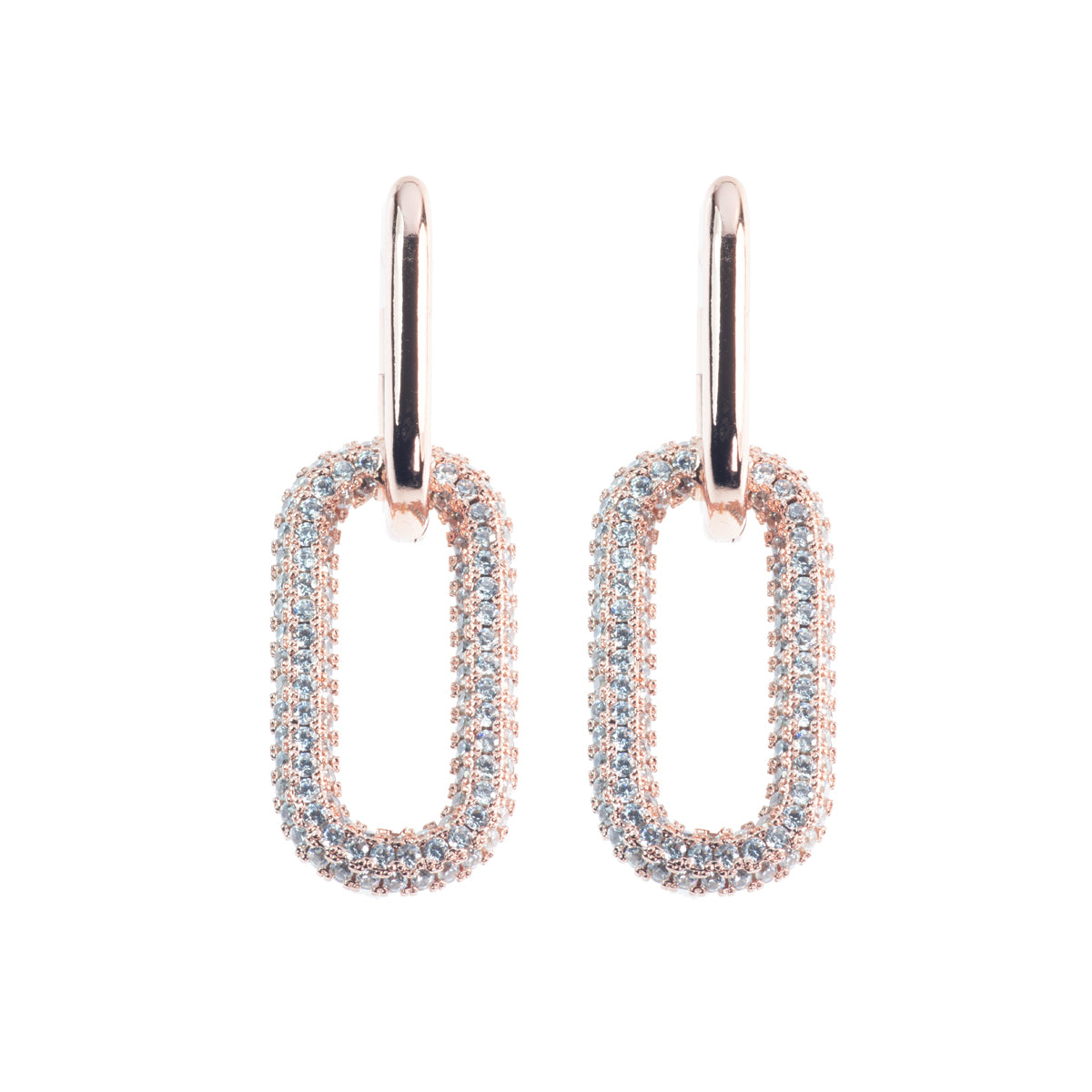 Orecchini Rettangolari 40 mm in metallo anallergico con vera placcatura Oro Rosa e zirconi Bianchi