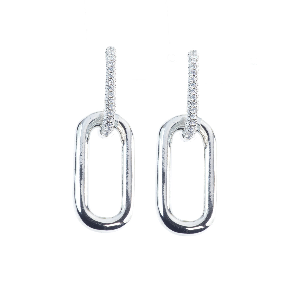 Orecchini Rettangolari 40 mm in metallo anallergico con vera placcatura Oro Bianco e zirconi Bianchi