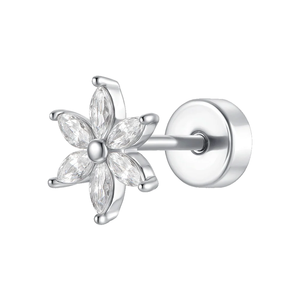 PIERCING ORECCHIO DONNA IN ACCIAIO FIORE PETALI ZIRCONI BIANCHI