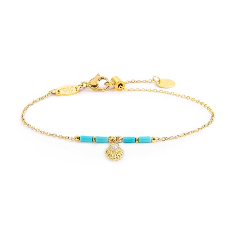 Bracciale conchiglia pendente con perla e perline a tubo turchesi