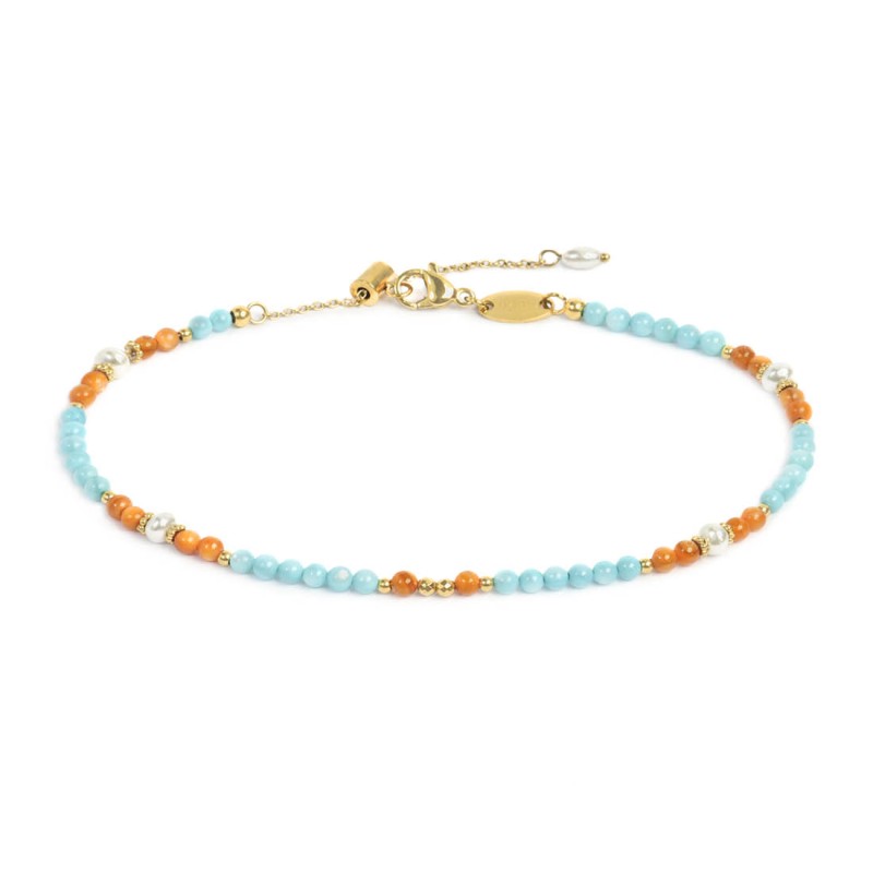 Cavigliera con elementi madreperla colorati e perle bianche irregolari