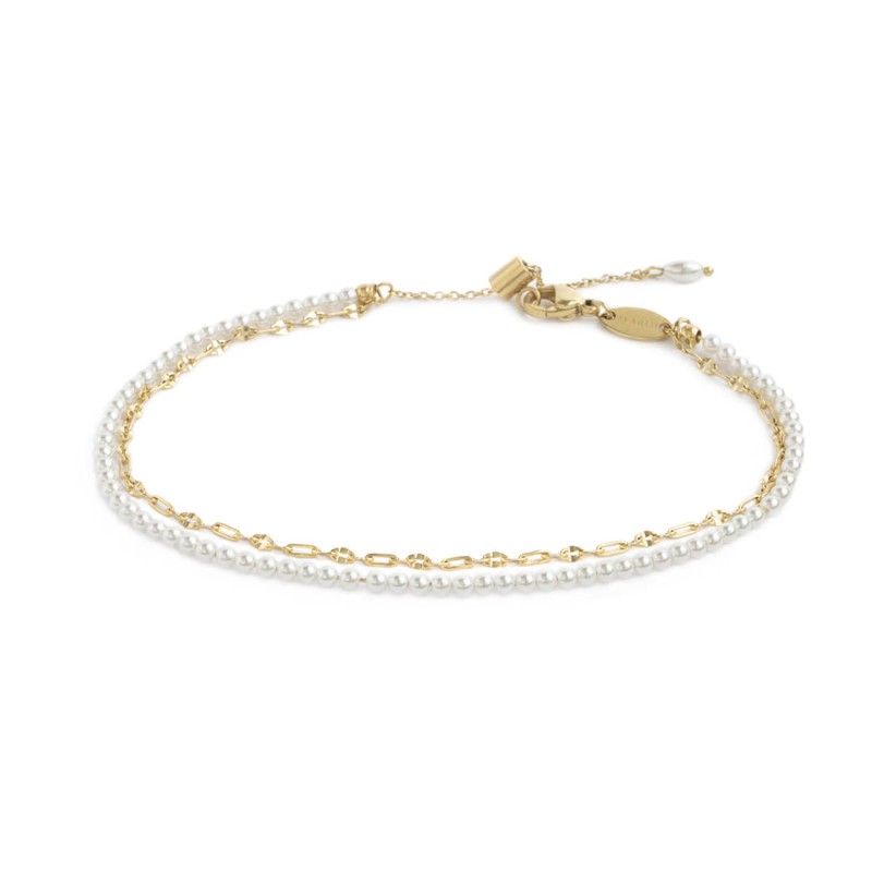 Cavigliera doppia catena con perle bianche e lip-cable