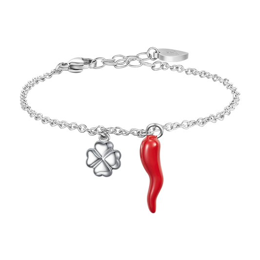 BRACCIALE IN ACCIAIO CON CORNO ROSSO E QUADRIFOGLIO