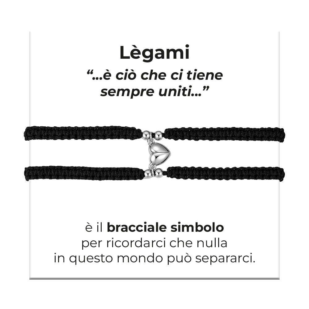 BRACCIALI DONNA E UOMO IN CORDA COREANA NERA CON CUORE CALAMITATO