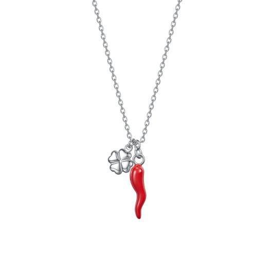 COLLANA DONNA IN ACCIAIO CON CORNO ROSSO E QUADRIFOGLIO