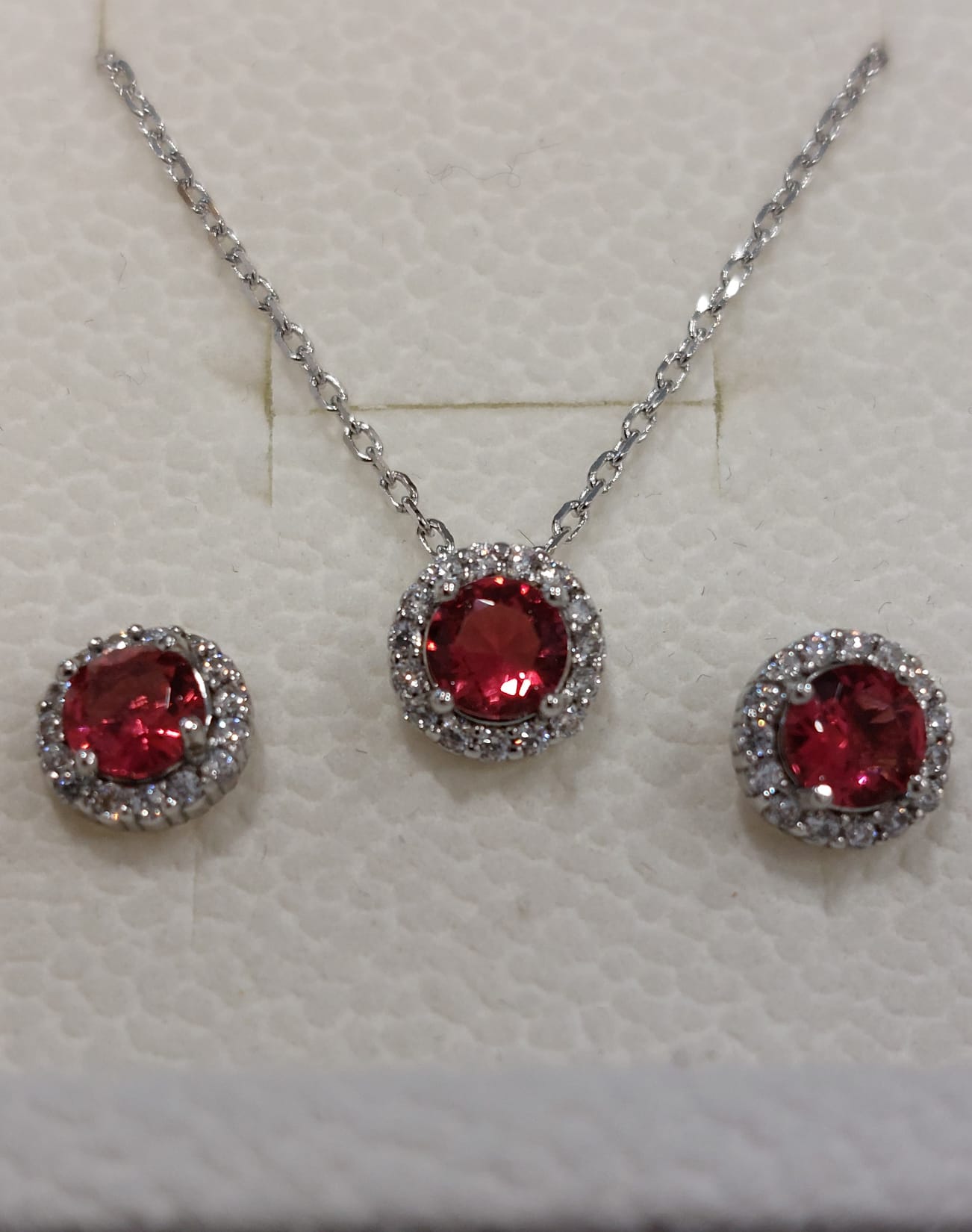 PARURE IN ARGENTO 925 ZIRCONE CENTRALE ROSA CONTORNO ZIRCONI BIANCHI 