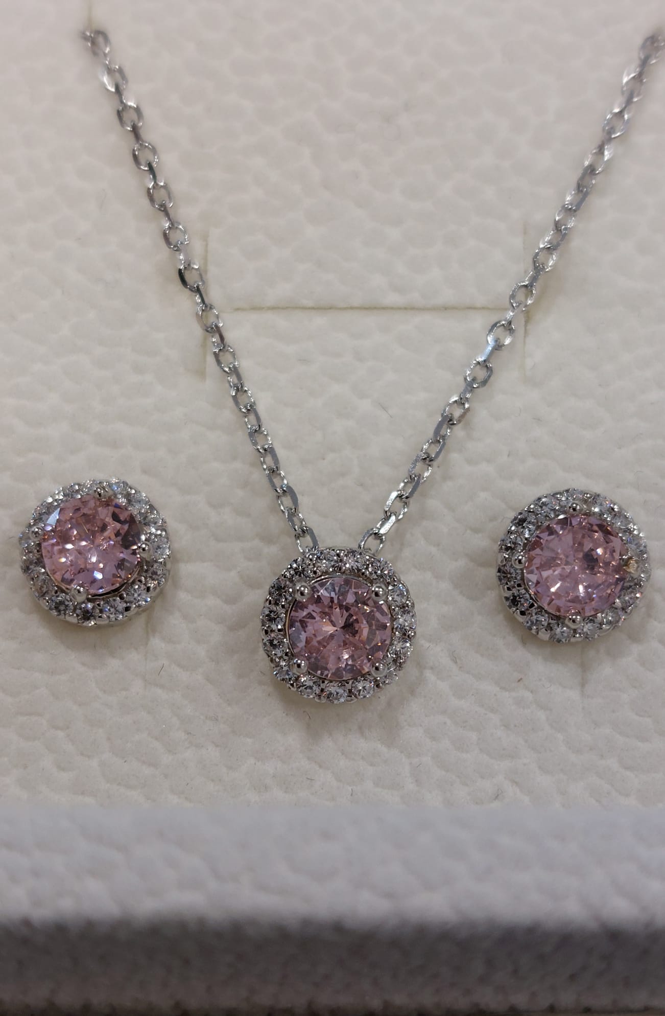 PARURE IN ARGENTO 925 ZIRCONE CENTRALE ROSA CONTORNO ZIRCONI BIANCHI 