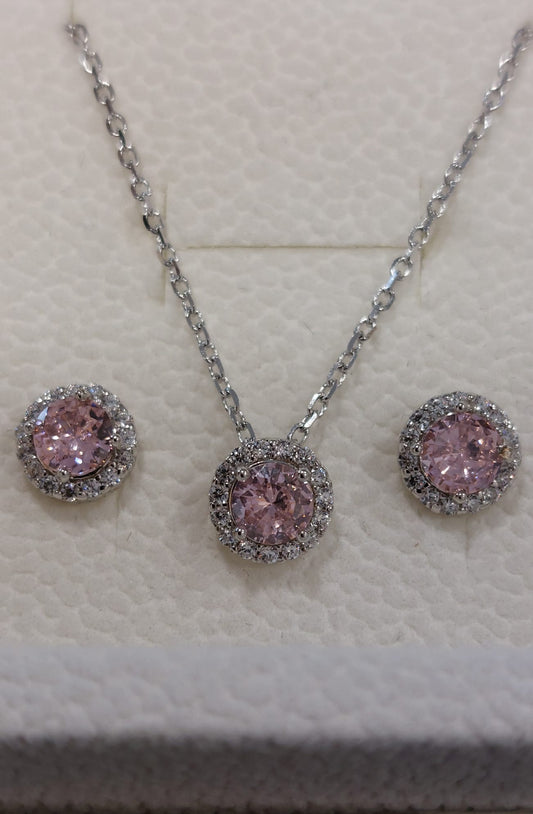 PARURE IN ARGENTO 925 ZIRCONE CENTRALE ROSA CONTORNO ZIRCONI BIANCHI 