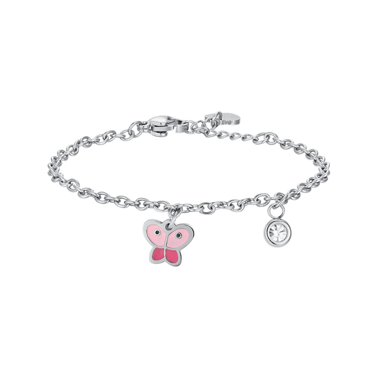 BRACCIALE BAMBINA IN ACCIAIO CON FARFALLA CON SMALTO ROSA E CRISTALLO BIANCO