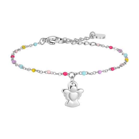 BRACCIALE BAMBINA IN ACCIAIO CON ANGELO ED ELEMENTI MULTICOLOR