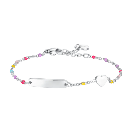 BRACCIALE BAMBINA IN ACCIAIO CON PIASTRA, CUORE ED ELEMENTI MULTICOLOR