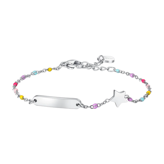 BRACCIALE BAMBINA IN ACCIAIO CON PIASTRA, STELLA ED ELEMENTI MULTICOLOR