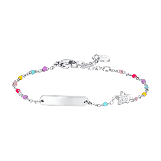 BRACCIALE BAMBINA IN ACCIAIO CON PIASTRA, ANGELO ED ELEMENTI MULTICOLOR