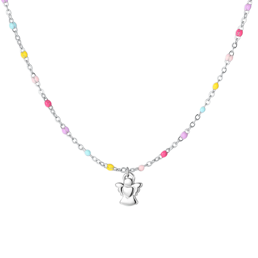 COLLANA BAMBINA IN ACCIAIO CON ANGELO ED ELEMENTI MULTICOLOR