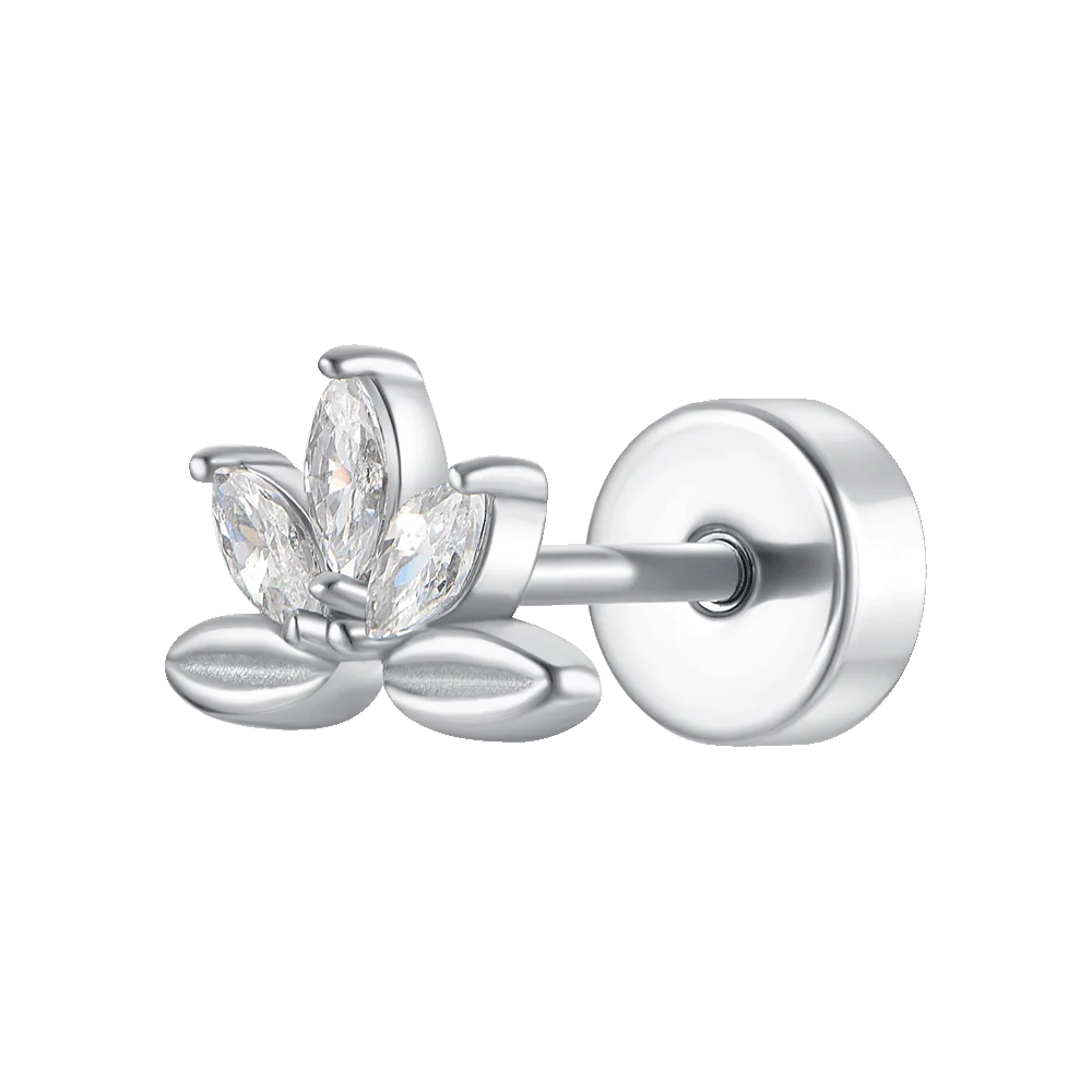 PIERCING ORECCHIO DONNA IN ACCIAIO VENTAGLIO FIORE CON ZIRCONI BIANCHI