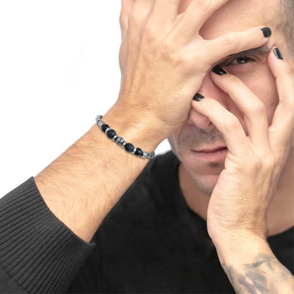 Bracciale catena box con trama con sfere in onice nera e pietra lavica