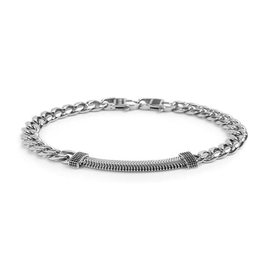 Bracciale catena cuban e catena snake piatta centrale con trama puntinata