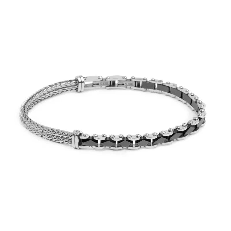 Bracciale catena fishbone doppia e catena con elementi in ceramica sfaccettata nera lucida