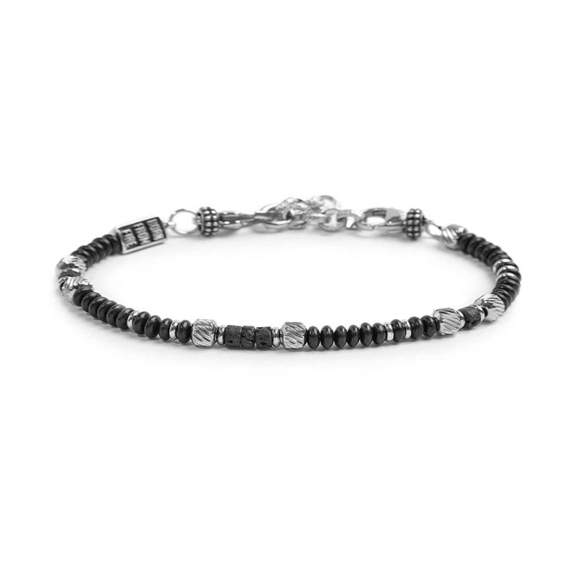 Bracciale con dischetti di onice nera e pietra lavica e anellini in acciaio