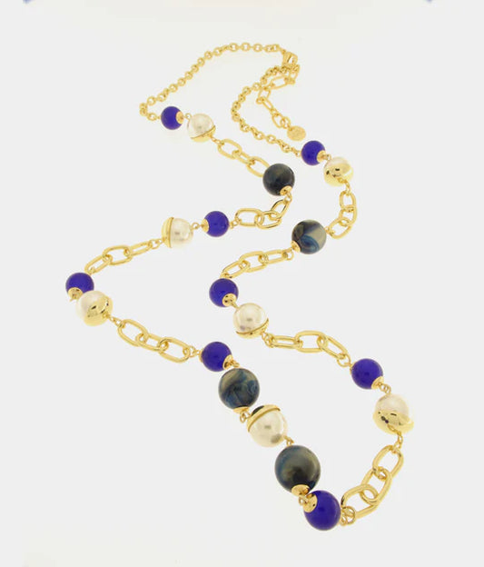 Collana in Metallo con perle nera , bianca e blu
