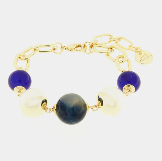 Bracciale in Metallo con perle nera , bianca e blu