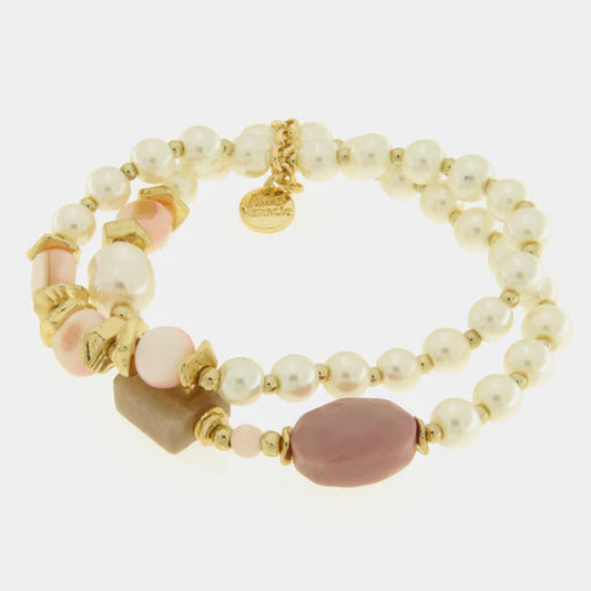 Bracciale in Metallo multifilo con perle bianche e pietre rosa