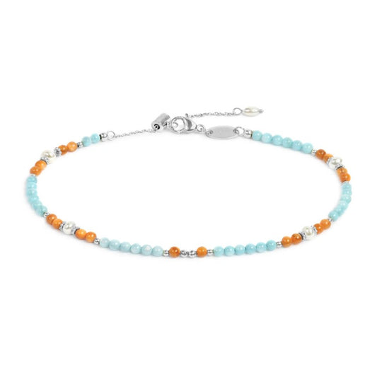Cavigliera con elementi madreperla colorati e perle bianche irregolari