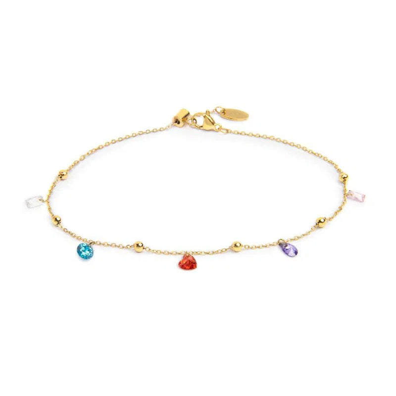 Cavigliera con zirconi baguette e cuori pendenti colorati