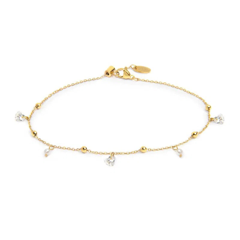 Cavigliera con zirconi e cuori pendenti bianchi
