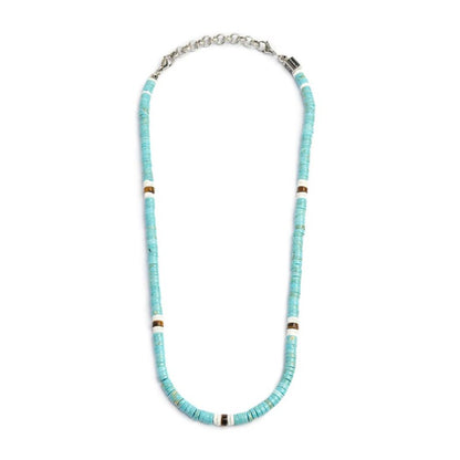 Collana con dischetti turchesi occhio di tigre e conchiglie bianche