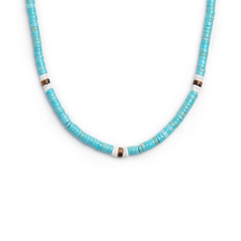 Collana con dischetti turchesi occhio di tigre e conchiglie bianche