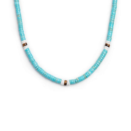 Collana con dischetti turchesi occhio di tigre e conchiglie bianche