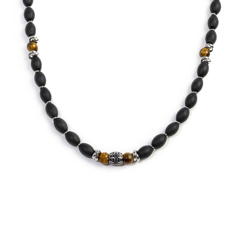 Collana con onice nera ovale e sfere occhio di tigre