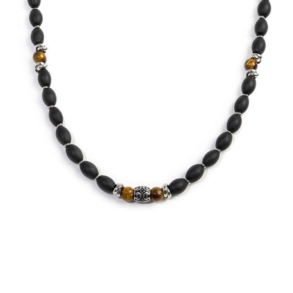 Collana con onice nera ovale e sfere occhio di tigre