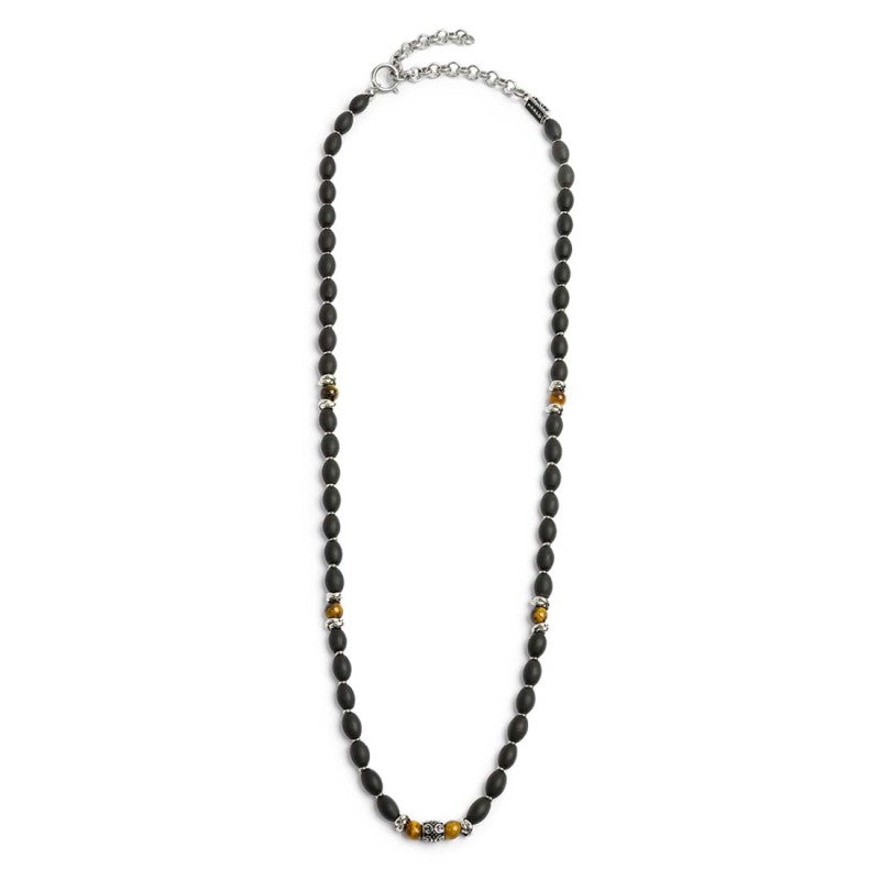 Collana con onice nera ovale e sfere occhio di tigre