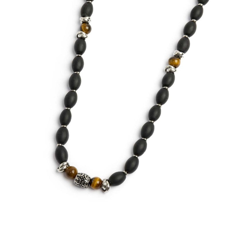 Collana con onice nera ovale e sfere occhio di tigre