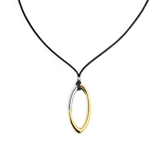 Collana cordino con pendente centrale bicolore ad anello ovale