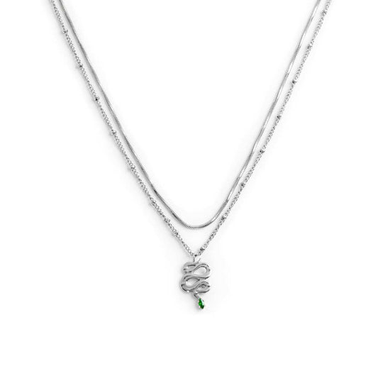 Collana doppia catena snake quadrata con serpente pendente