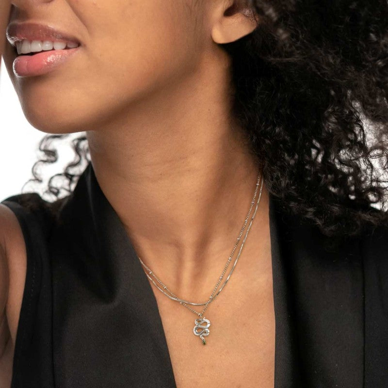 Collana doppia catena snake quadrata con serpente pendente